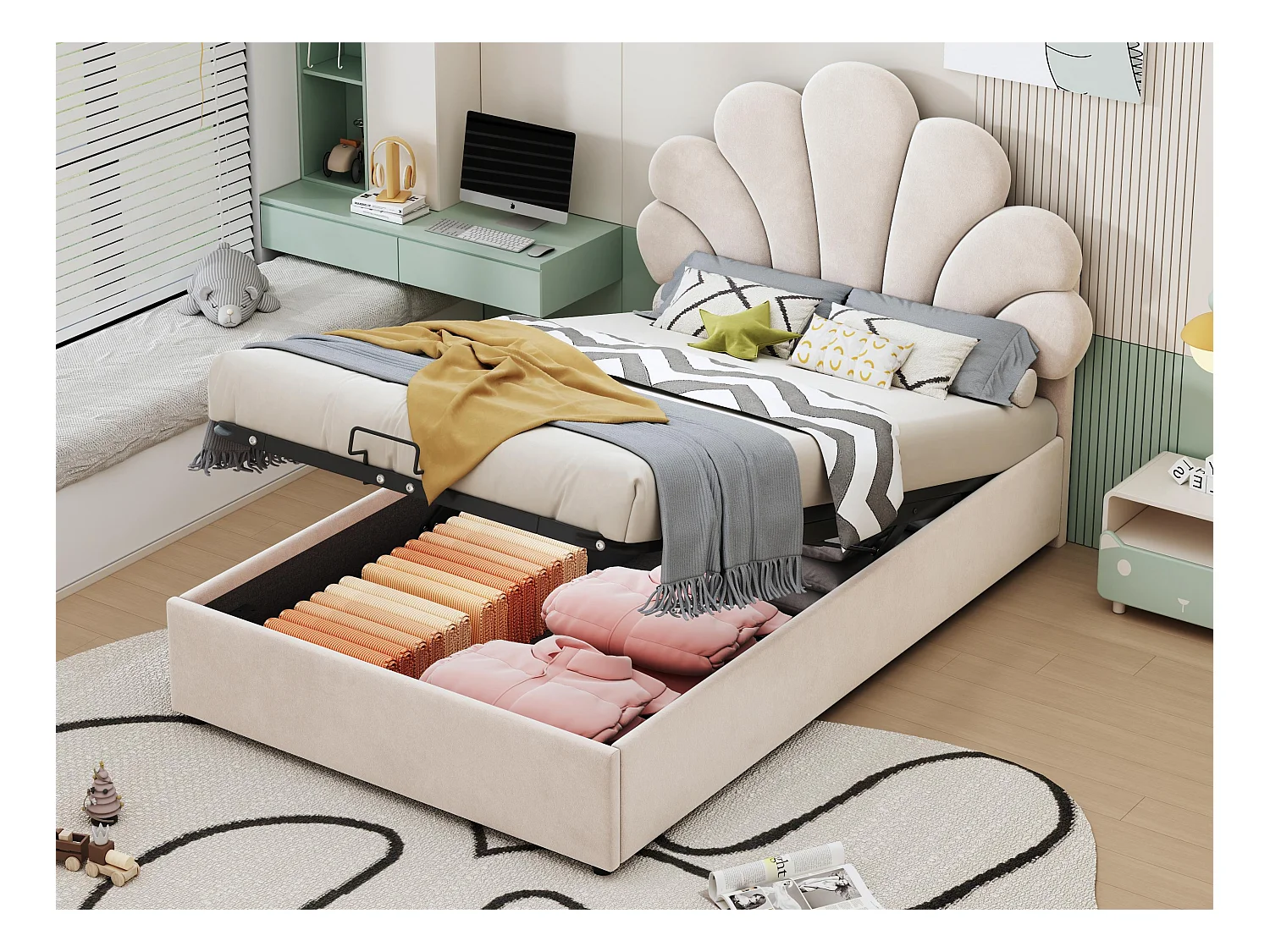 Lit coffre rembourré en velours - 90x200cm - tête de lit en forme de fleur - avec sommier à lattes - Beige