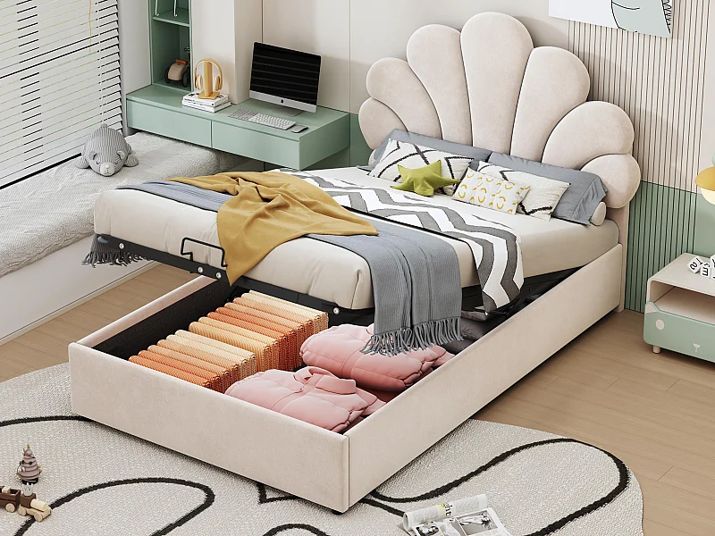 Cama de arrumação acolchoada em veludo - 90x200cm - cabeceira em forma de flor - com base de ripas - Bege