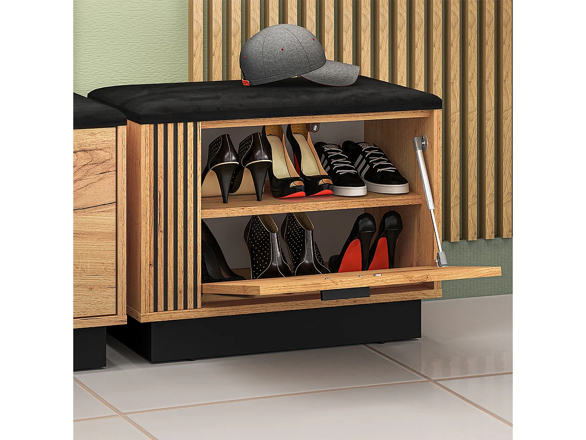 Meuble entrée porte-manteau et banc à chaussures 1 porte Nilo Bois et Noir