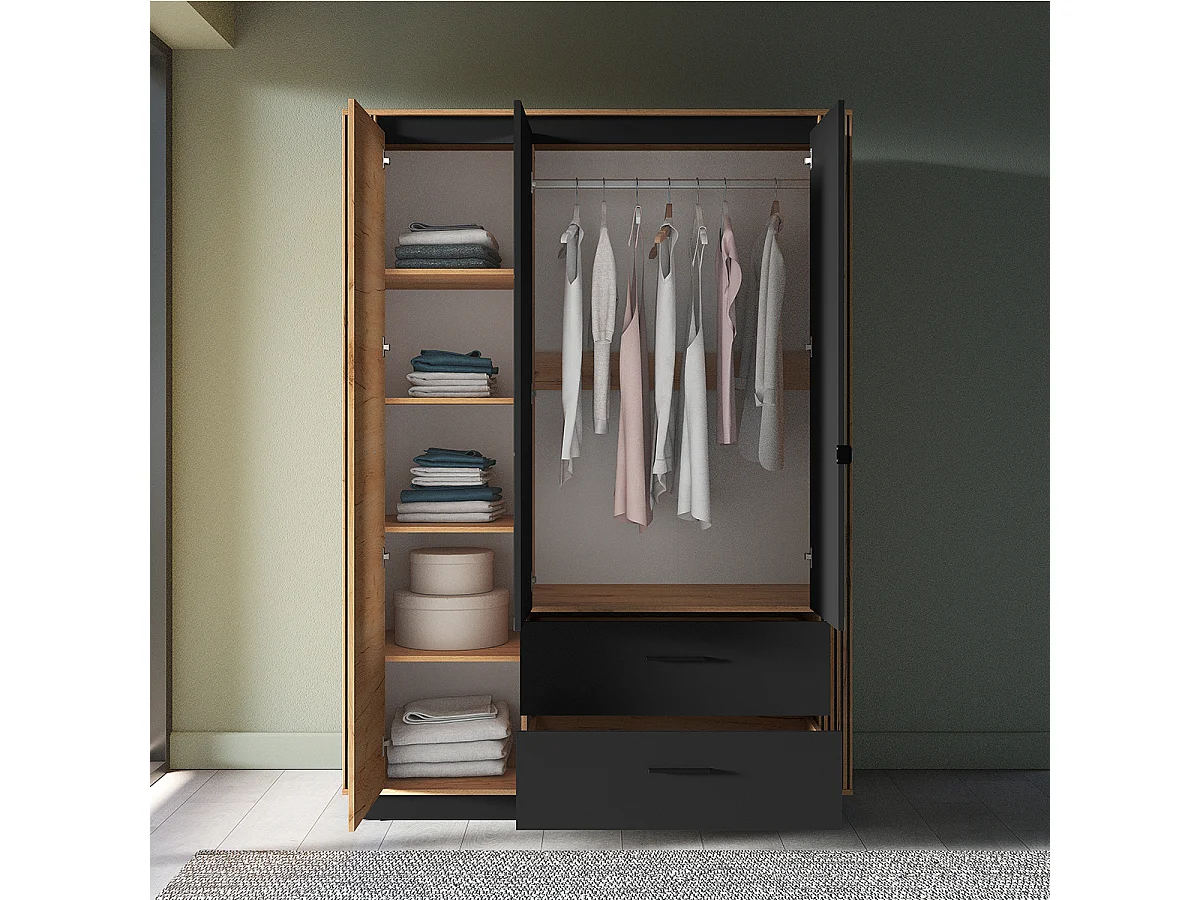 Schrank 3 Türen 2 Schubladen Solal Holz und Schwarz