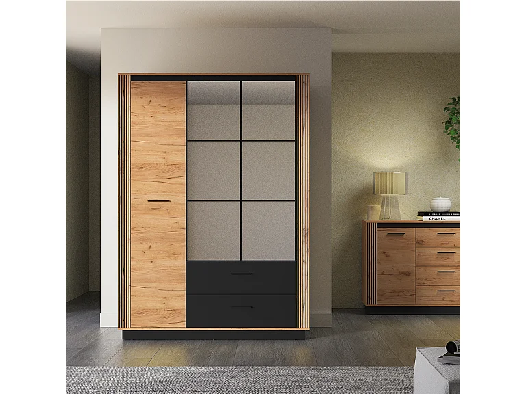 Armoire 3 portes 2 tiroirs Solal Bois et Noir