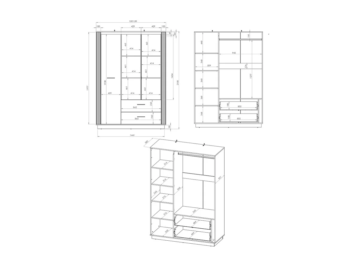 Armoire 3 portes 2 tiroirs Solal Bois et Noir