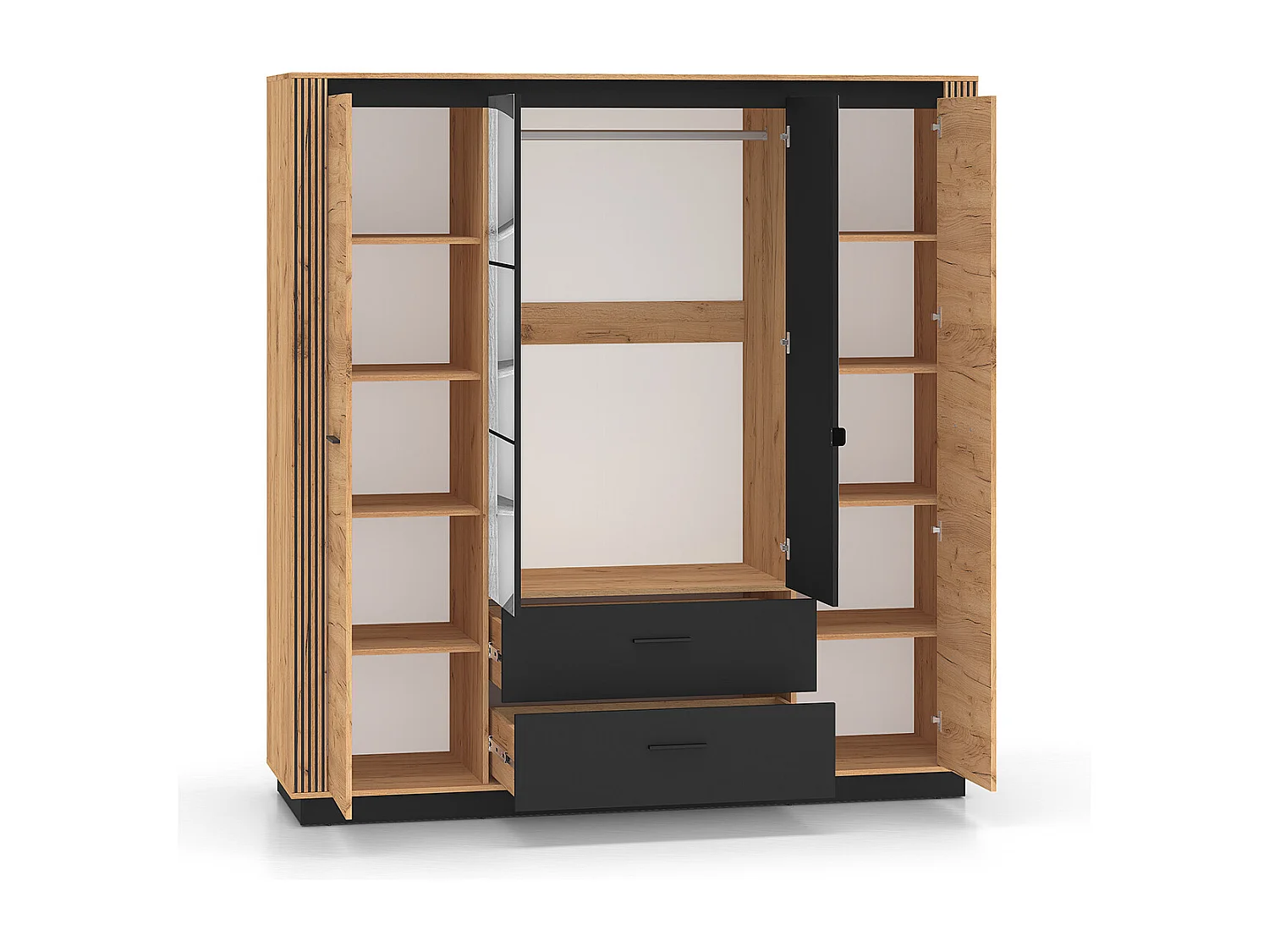 Schrank 4 Türen 2 Schubladen Solal Holz und Schwarz