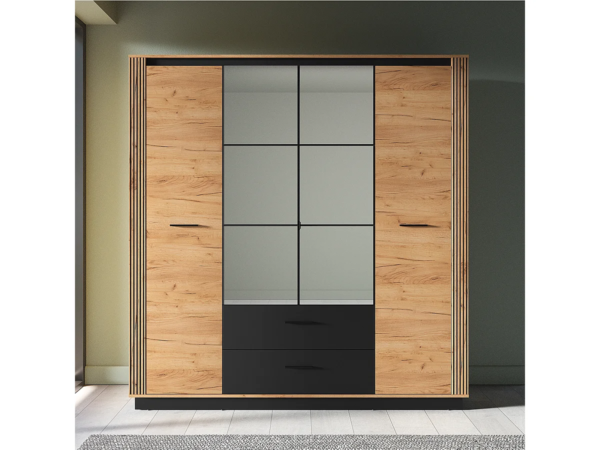 Schrank 4 Türen 2 Schubladen Solal Holz und Schwarz