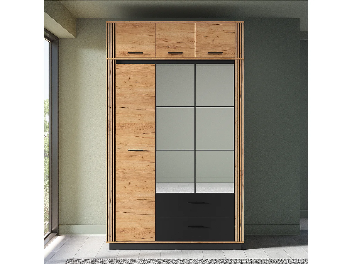 Armoire 3 portes 2 tiroirs extension Solal Bois et Noir