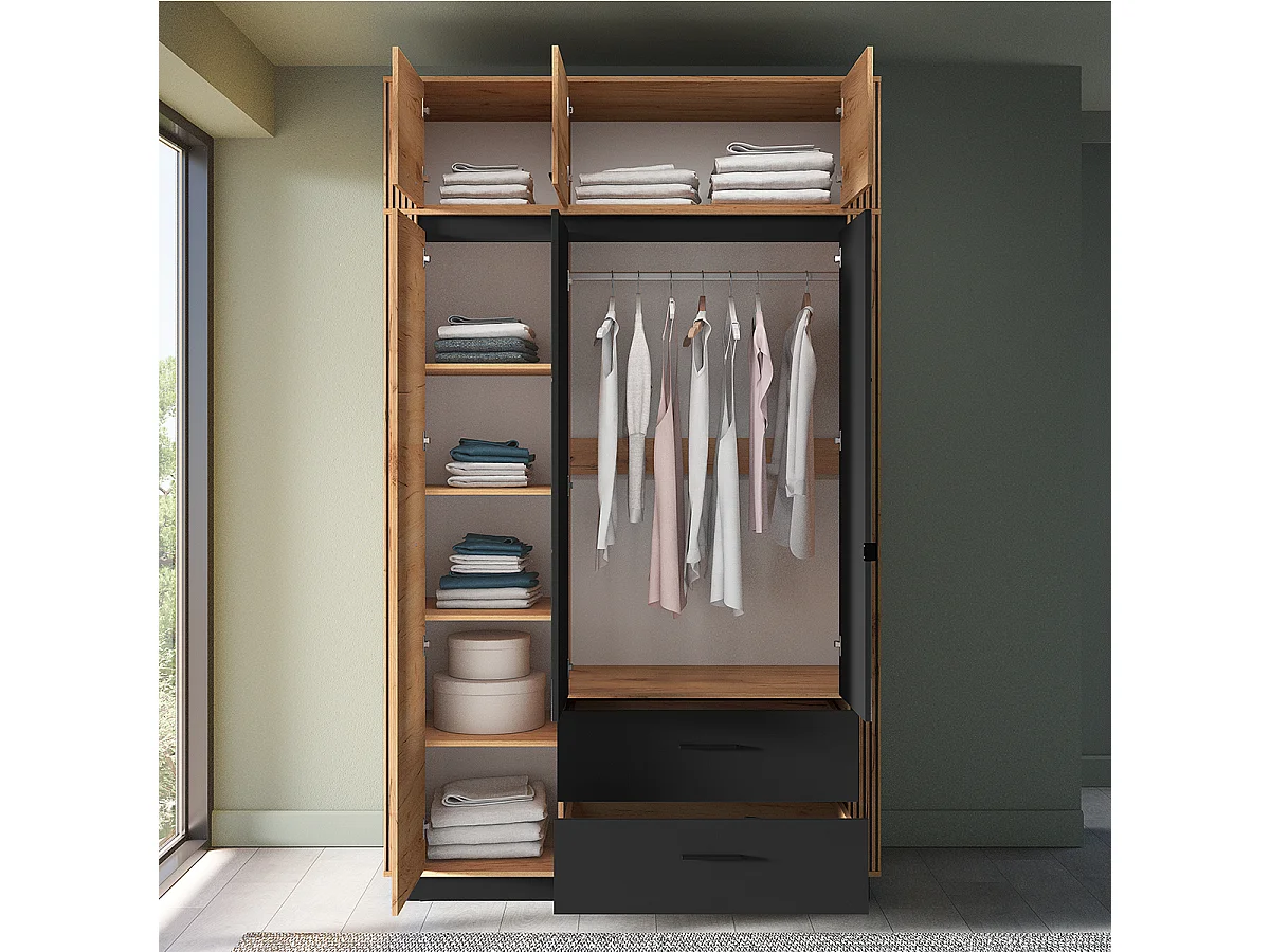 Armoire 3 portes 2 tiroirs extension Solal Bois et Noir