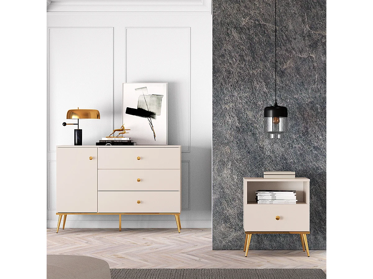 Chevet 1 tiroir Olivia Cachemire et Doré