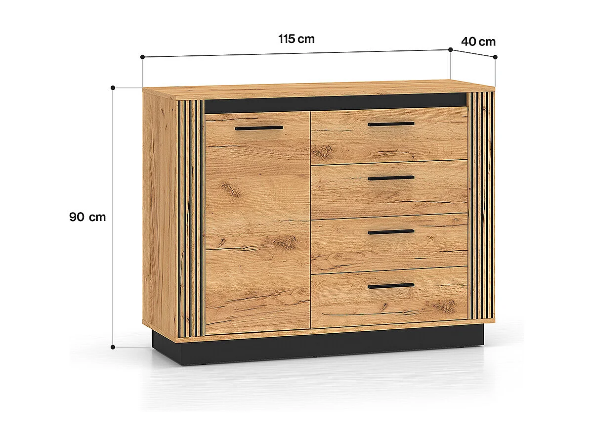 Buffet 1 porte 4 tiroirs Solal Bois et Noir