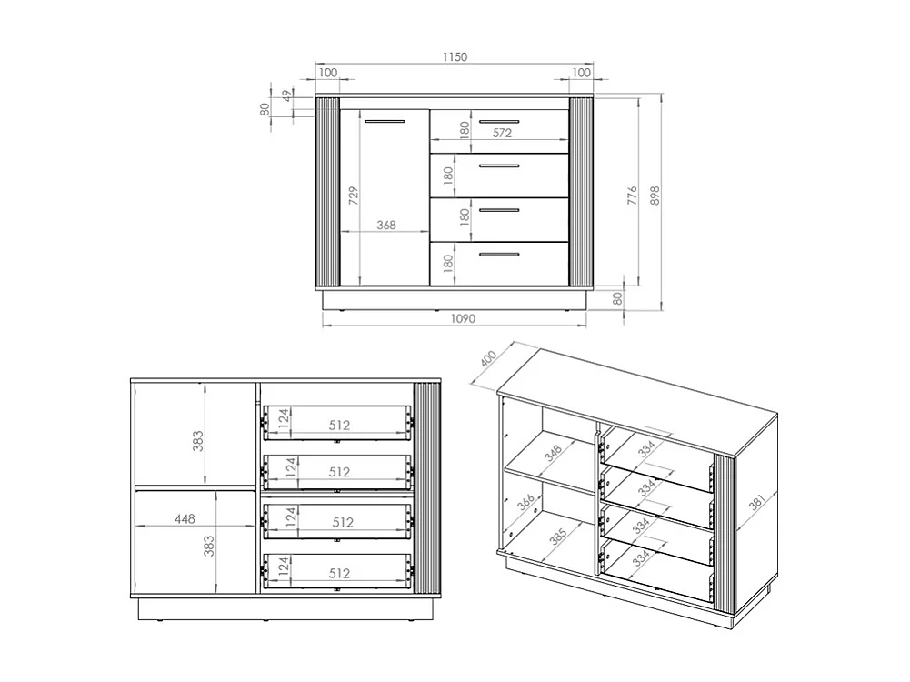 Buffet 1 anta 4 cassetti Solal marrone 90cm