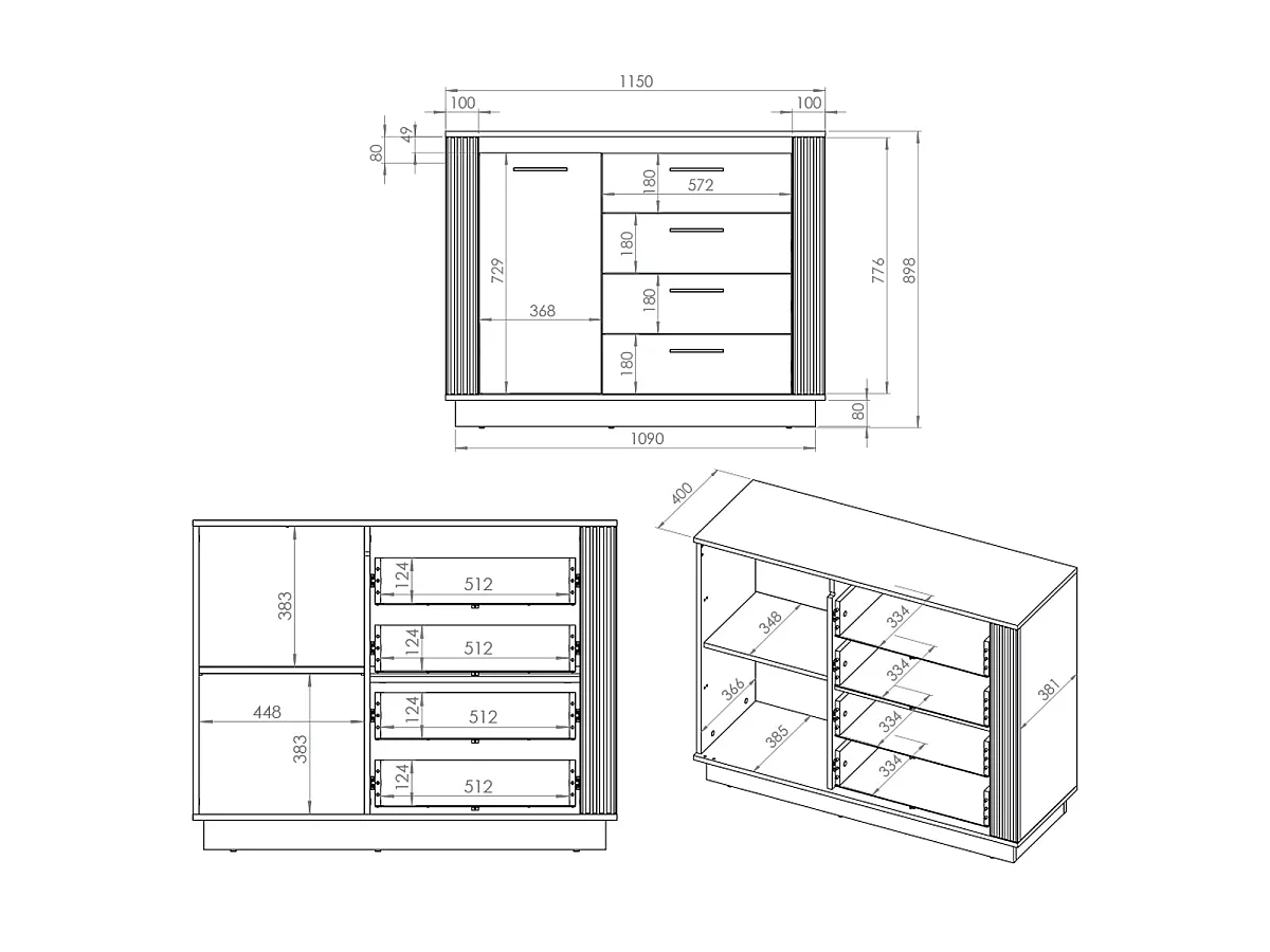 Buffet 1 anta 4 cassetti Solal marrone 90cm