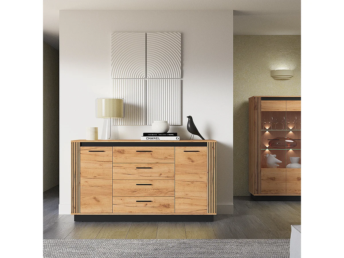 Buffet 2 portes 4 tiroirs Solal Bois et Noir