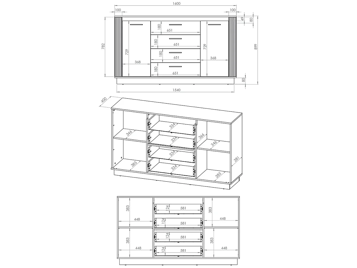 Buffet 2 portes 4 tiroirs Solal Bois et Noir