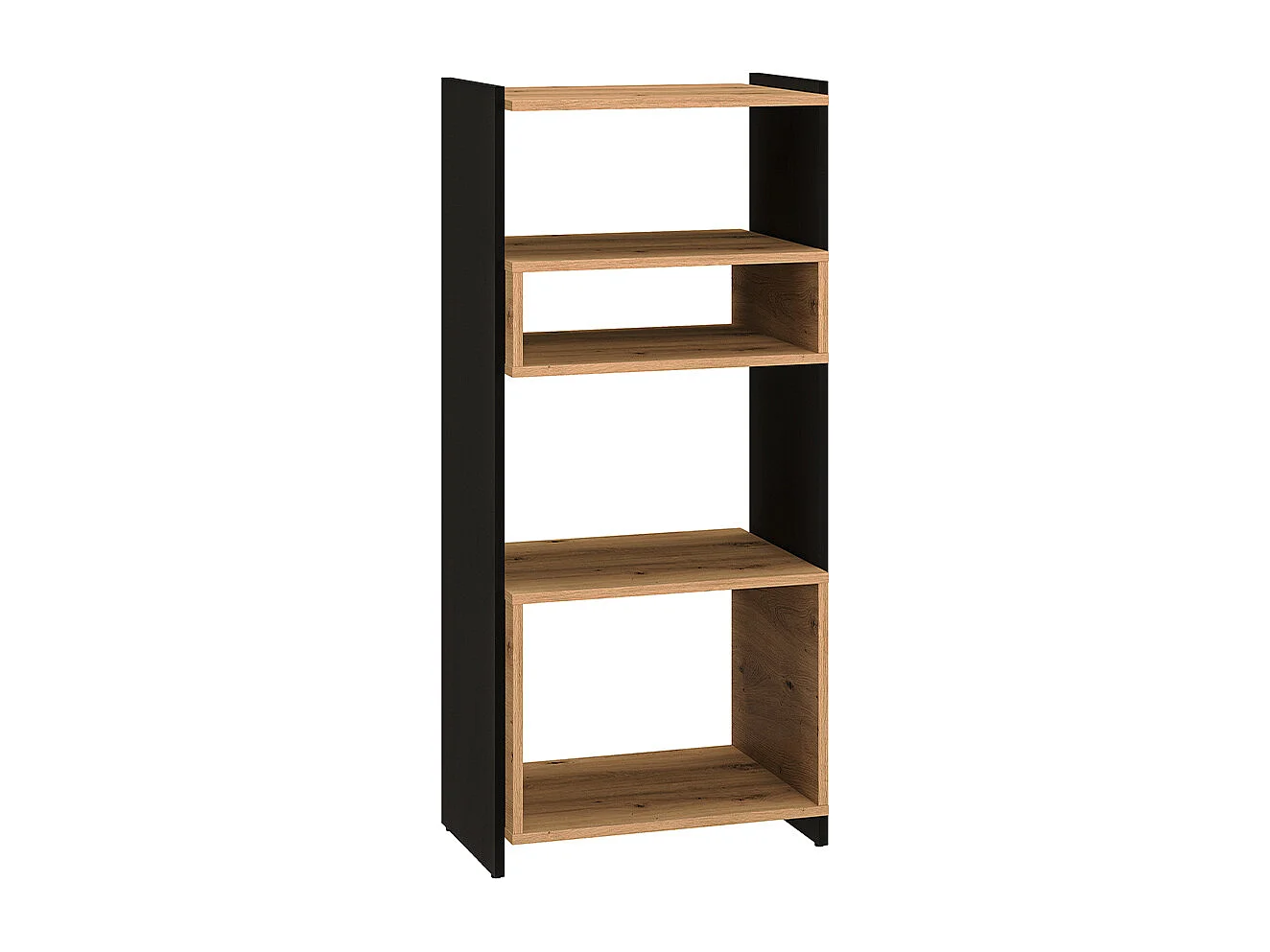 Tara Wood en zwarte boekenkast met 5 planken