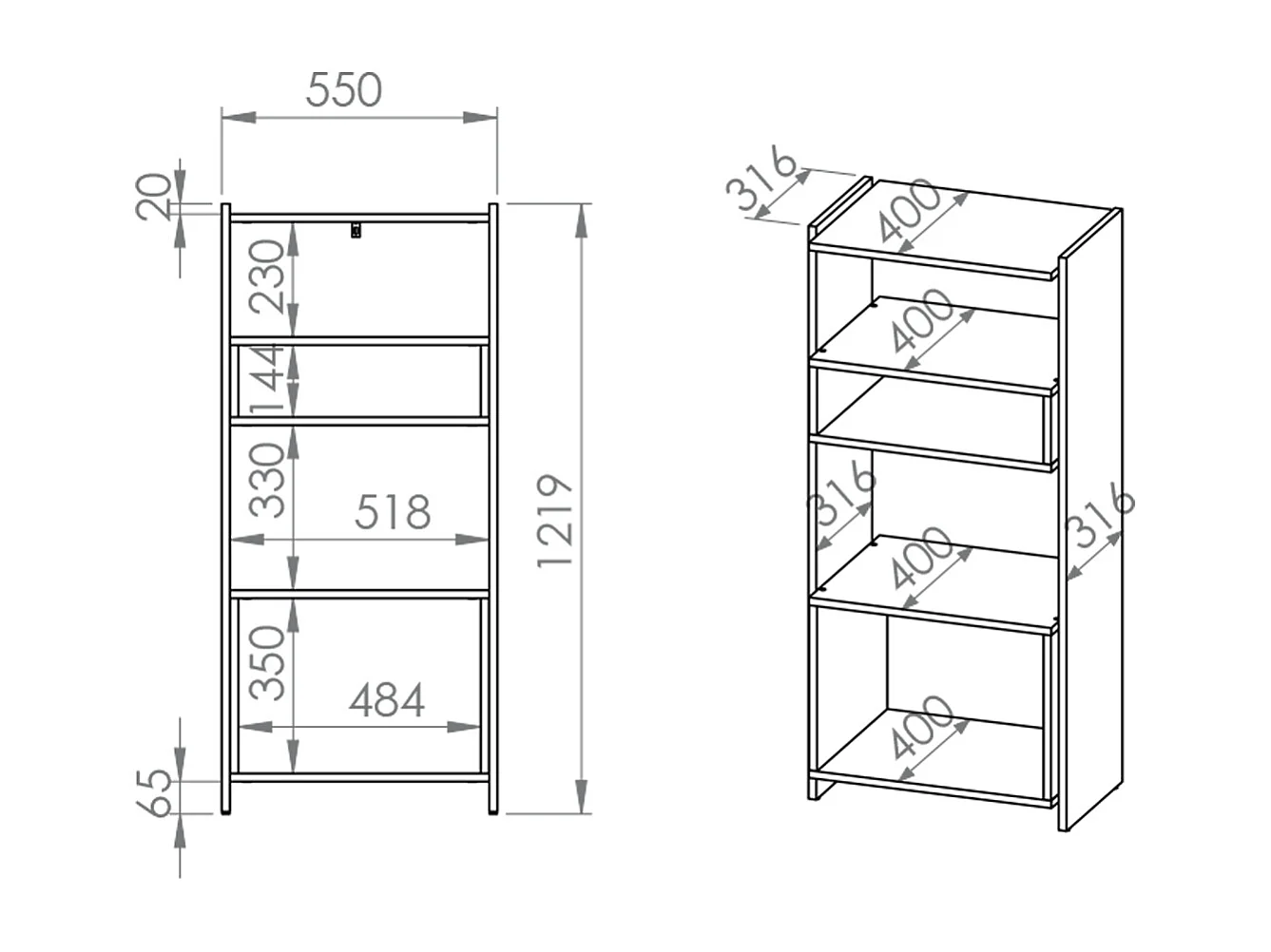 Tara Wood en zwarte boekenkast met 5 planken