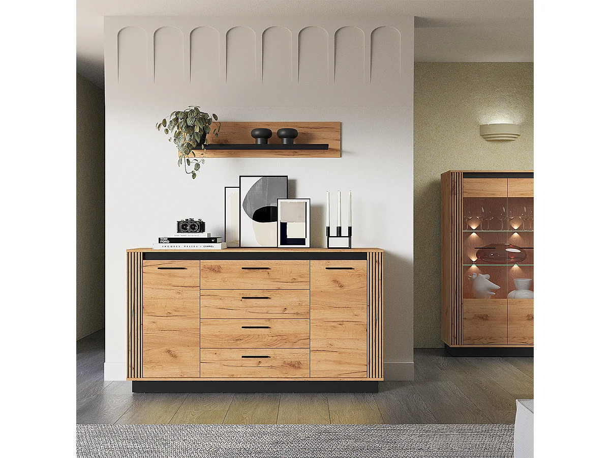 110cm Solal Wood and Black Wall Shelf