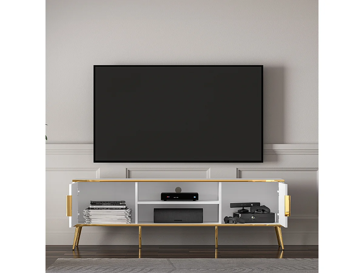 Mueble TV 2 puertas 160 cm Zora Blanco y Dorado