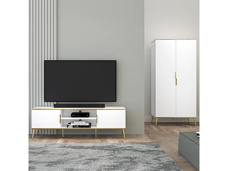 Mueble TV 2 puertas 160 cm Zora Blanco y Dorado