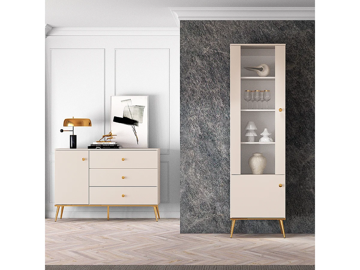 Vitrine 2 portes Olivia Cachemire et Doré