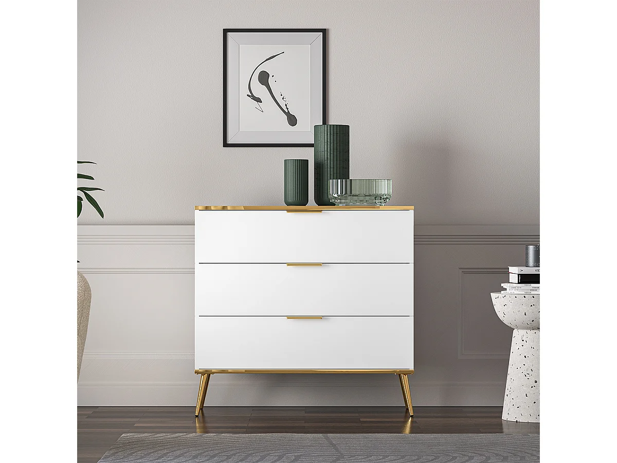 Commode 3 tiroirs Zora Blanc et Doré