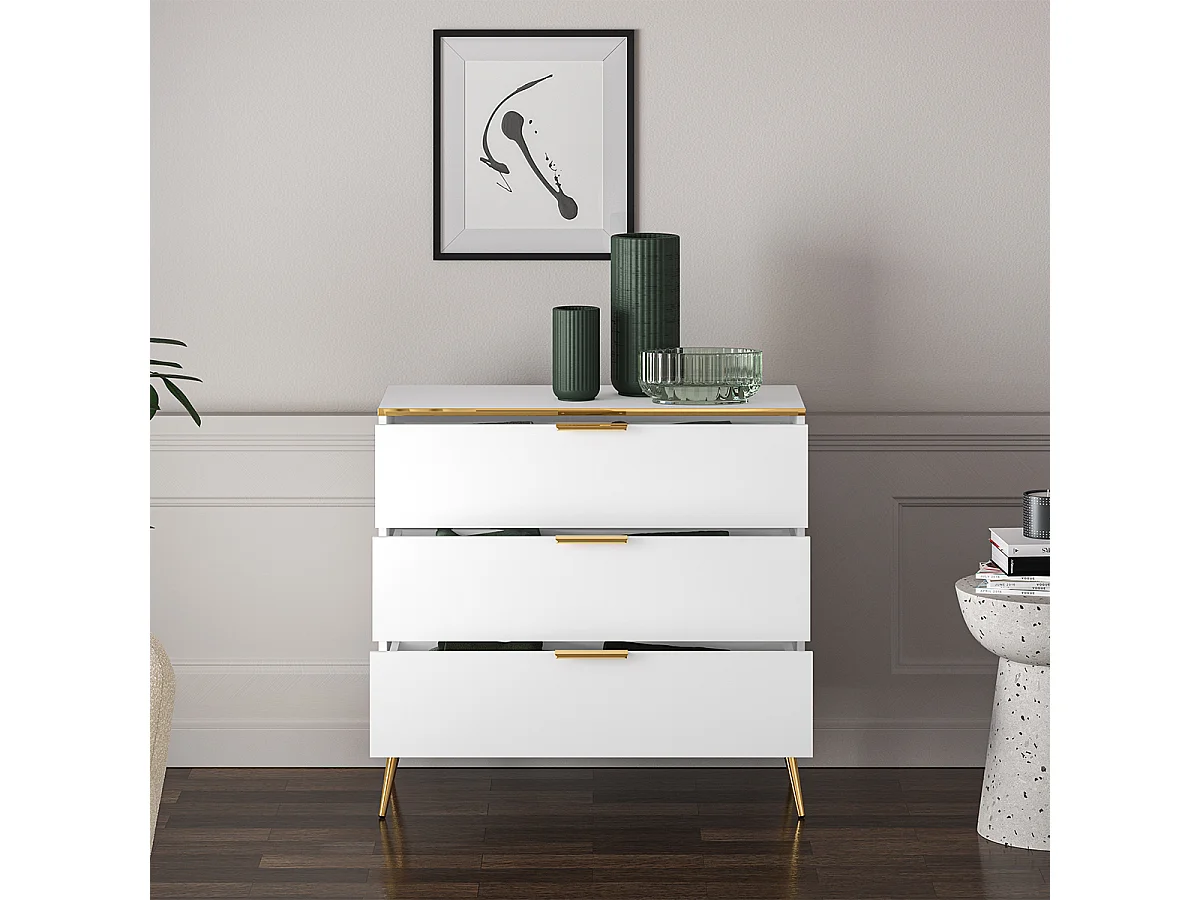 Commode 3 tiroirs Zora Blanc et Doré
