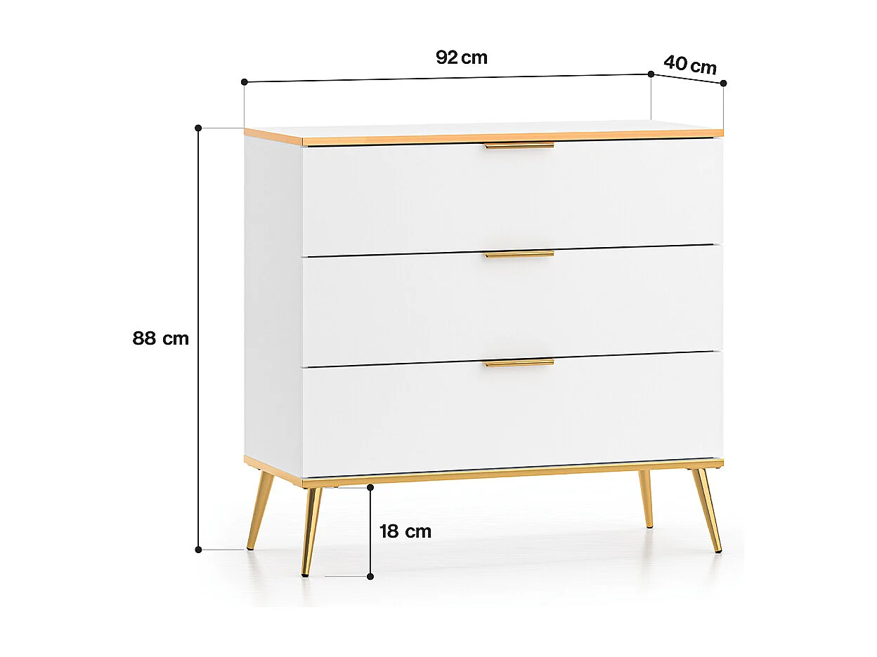 Commode 3 tiroirs Zora Blanc et Doré