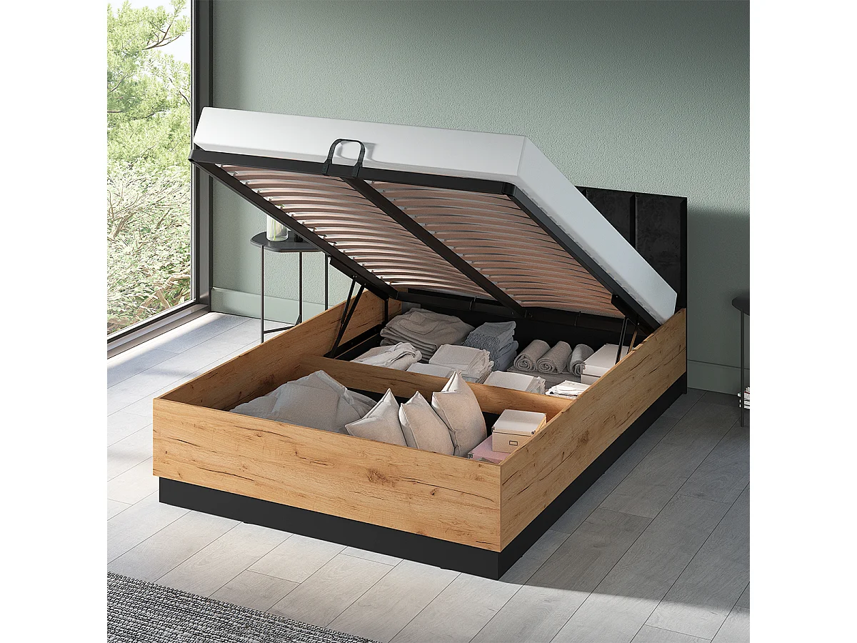 Lit coffre 140x200 sommier inclus Solal Bois et Noir