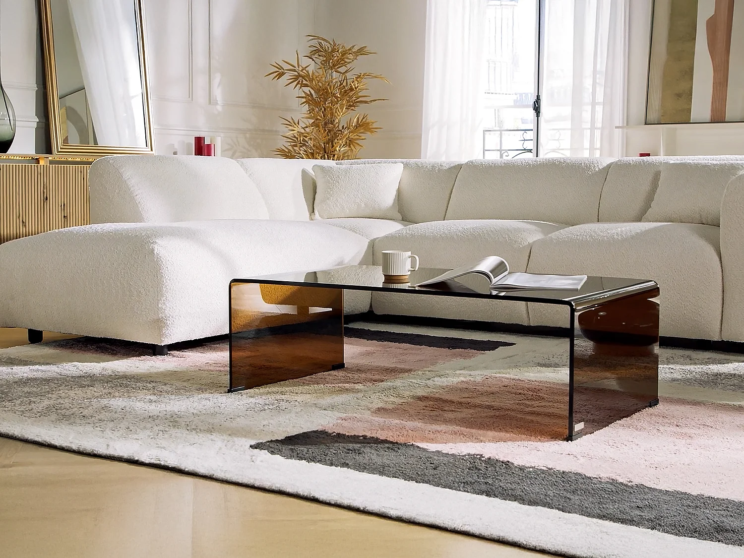 Table basse en verre trempé courbé - Brun - ALONZO