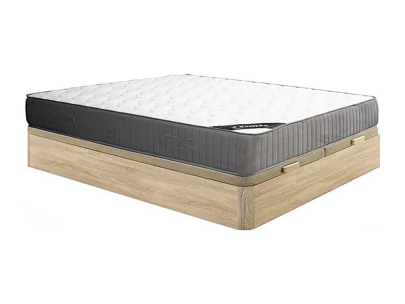 Set 180 x 200 cm sängstomme med förvaring i ljust naturfärgat trä + madrass i högdensitetsskum och latextopp 30 cm tjock - MALINO från YSMÉE