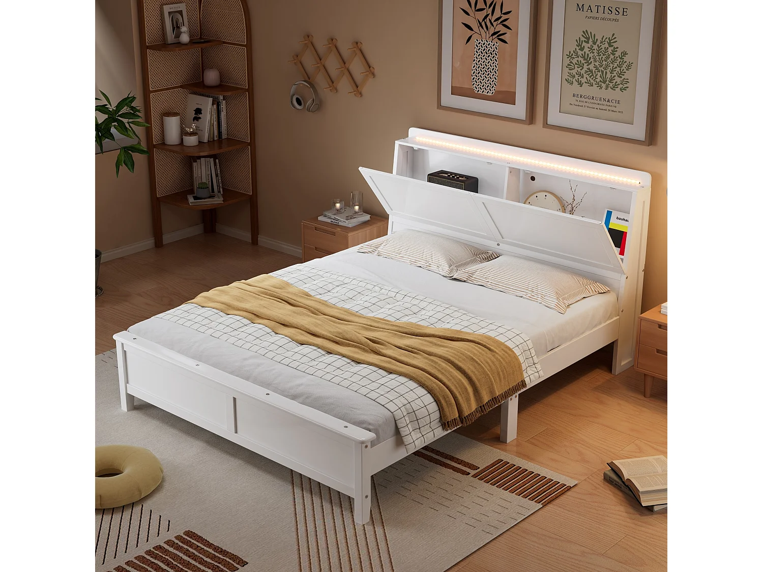 Cama doble, estantes abiertos, compartimento de almacenaje con puerta abatible, con tira de luz amarillo cálido, blanco, 140x200cm