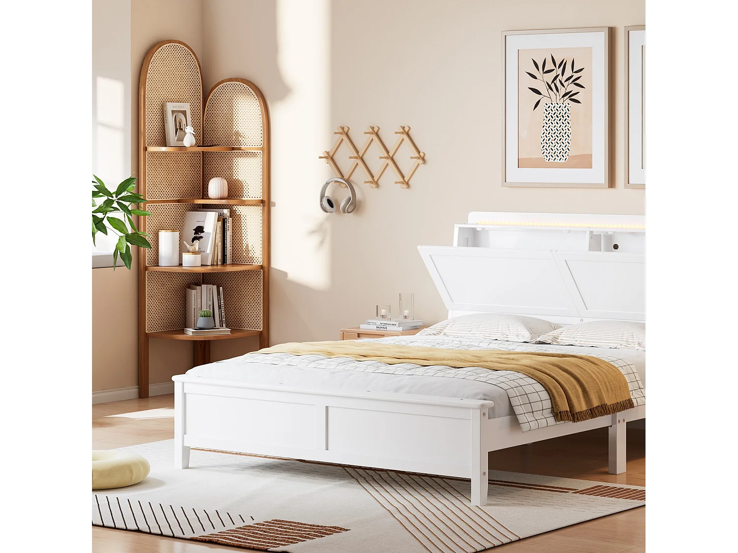 Cama doble, estantes abiertos, compartimento de almacenaje con puerta abatible, con tira de luz amarillo cálido, blanco, 140x200cm
