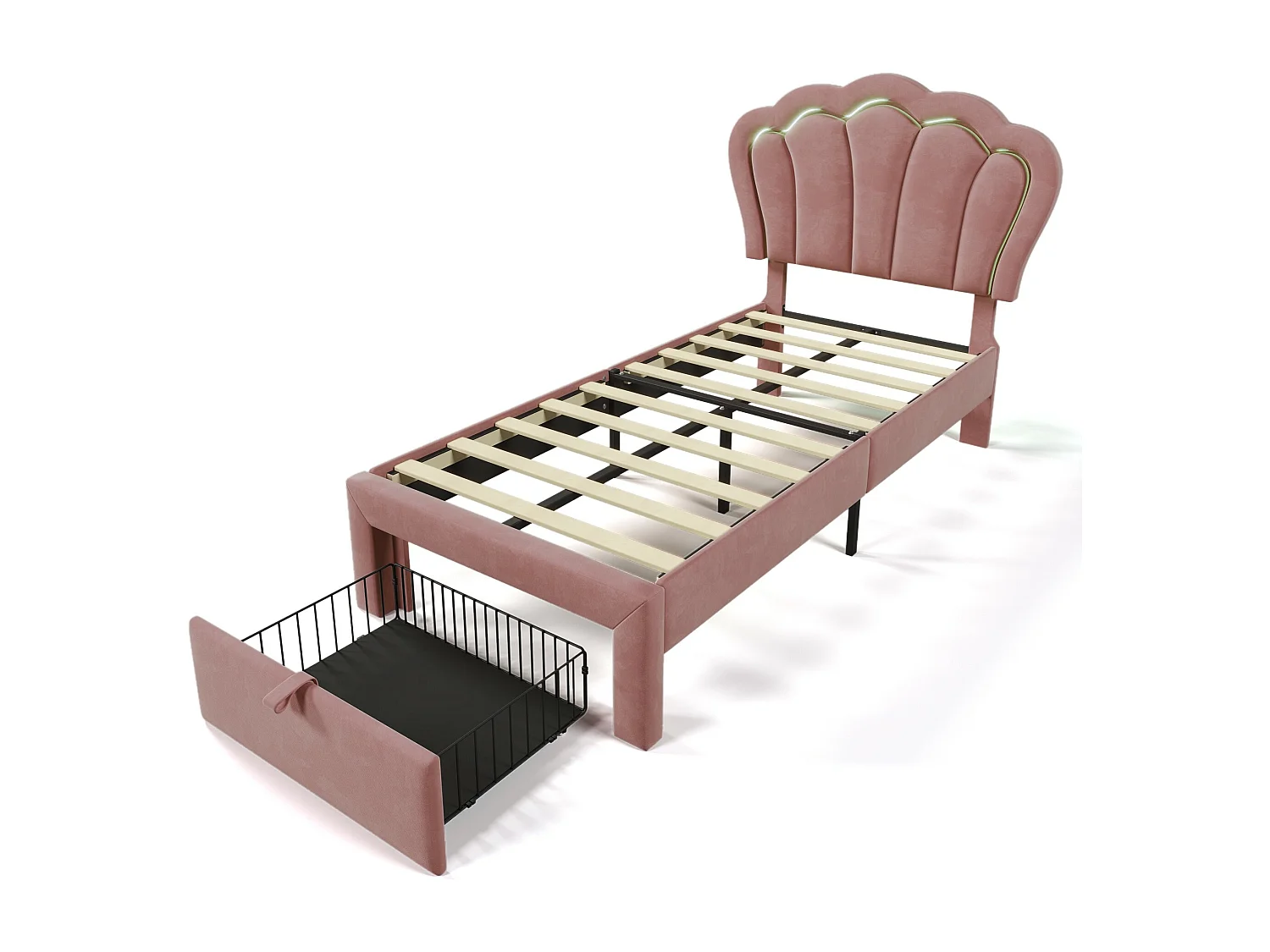 Cama acolchoada para adulto 180 x 801 cm, sem cabeceira, com faixa LED (monocromática), base com suspensão hidráulica, bege.