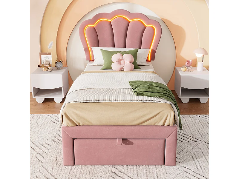 Letto singolo LED per bambini 90 x 200 cm, letto imbottito con cassetti APP-Control LED, rosa velluto