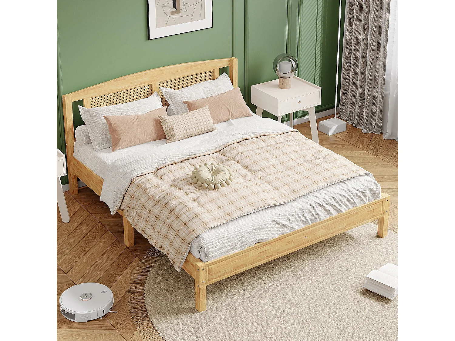 Lit double adulte 160x200 cm, lit en rotin, matelas en rotin avec 15 lattes et pied central, couleur naturelle