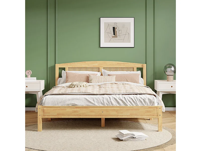 Erwachsenes Doppelbett 160x200cm, Rattanbett, Rattanmatratze mit 15-Latten und Mittelbeinen, natürliche Farbe