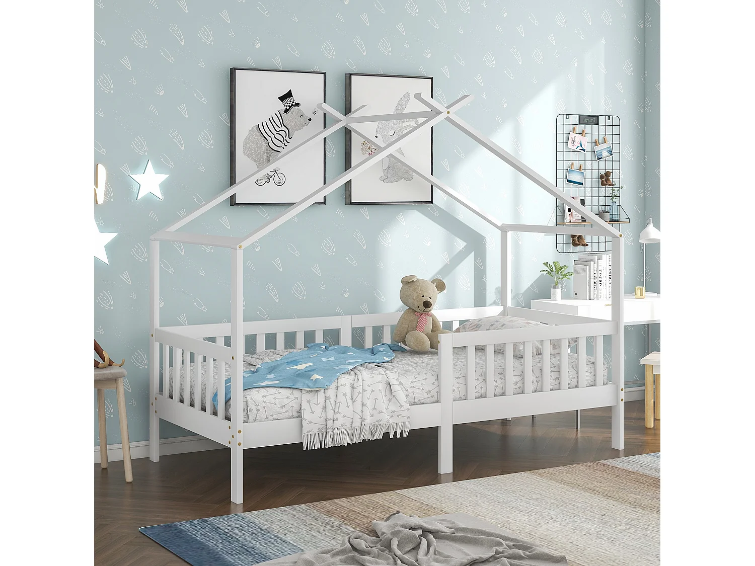 Lit d'enfant 200x90 cm, en bois massif, avec protection contre les chutes, blanc