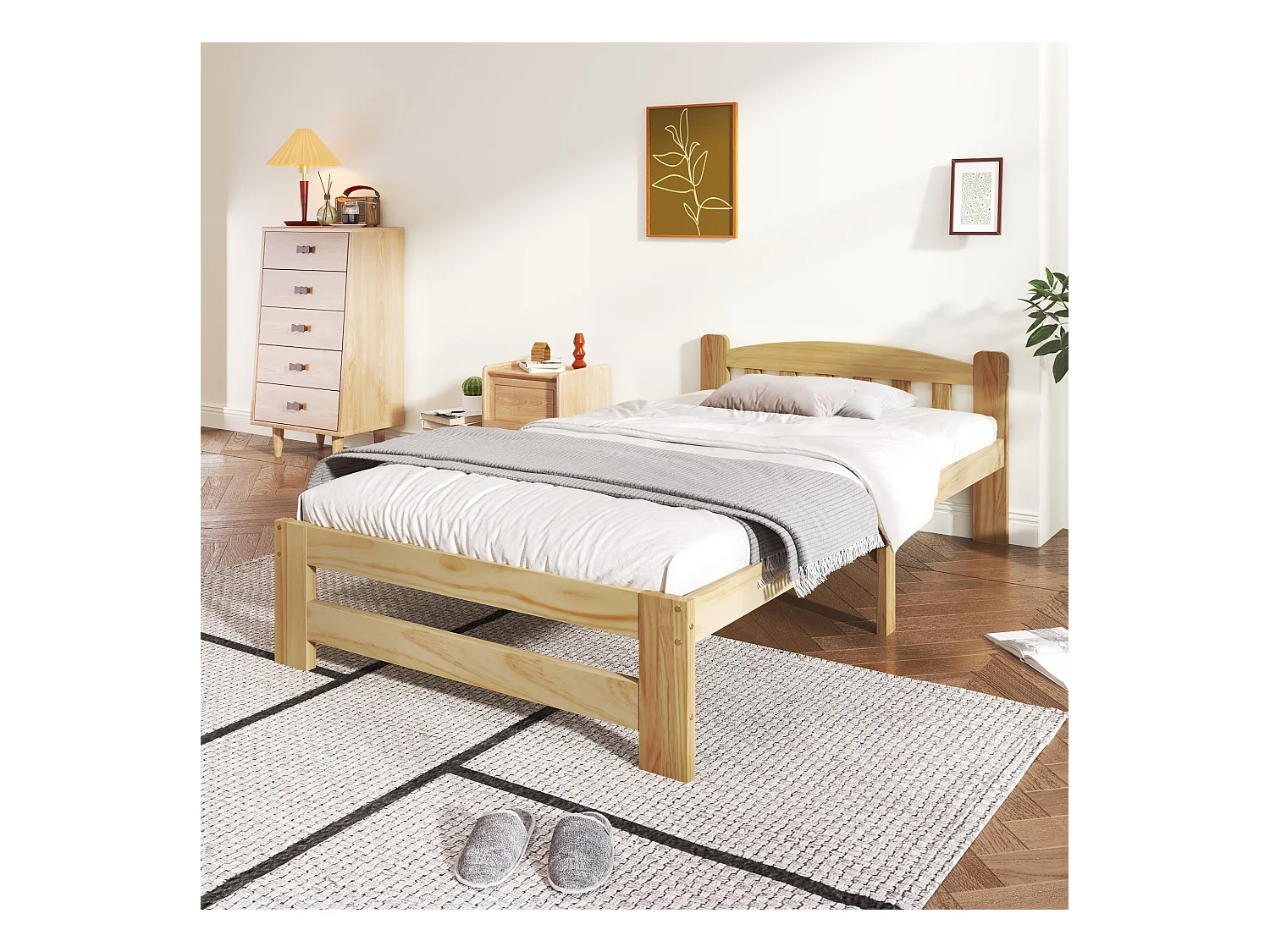 Lit adulte en bois massif, simple, avec tête de lit et sommier à lattes, 90x200 cm