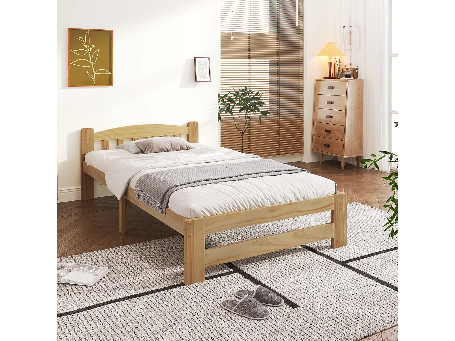 Letto singolo per adulti in legno massiccio con testiera e rete a doghe, 90x200 cm