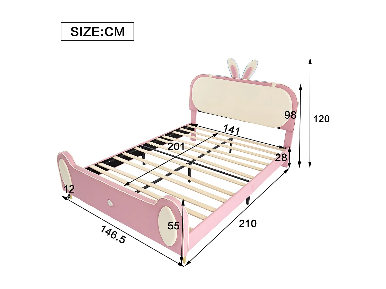 Kinderdoppelbett 140x200 cm, Kaninchenkopf, LED-Lichtstreifen, Massivholzrahmen und Eisenrohr, beige+pink