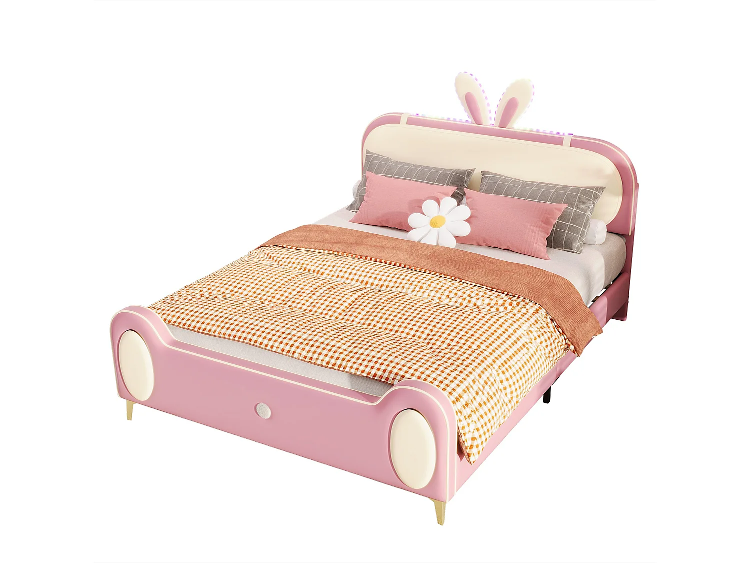 Kinderdoppelbett 140x200 cm, Kaninchenkopf, LED-Lichtstreifen, Massivholzrahmen und Eisenrohr, beige+pink