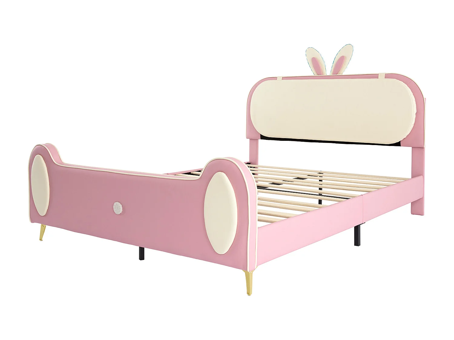 Kinderdoppelbett 140x200 cm, Kaninchenkopf, LED-Lichtstreifen, Massivholzrahmen und Eisenrohr, beige+pink