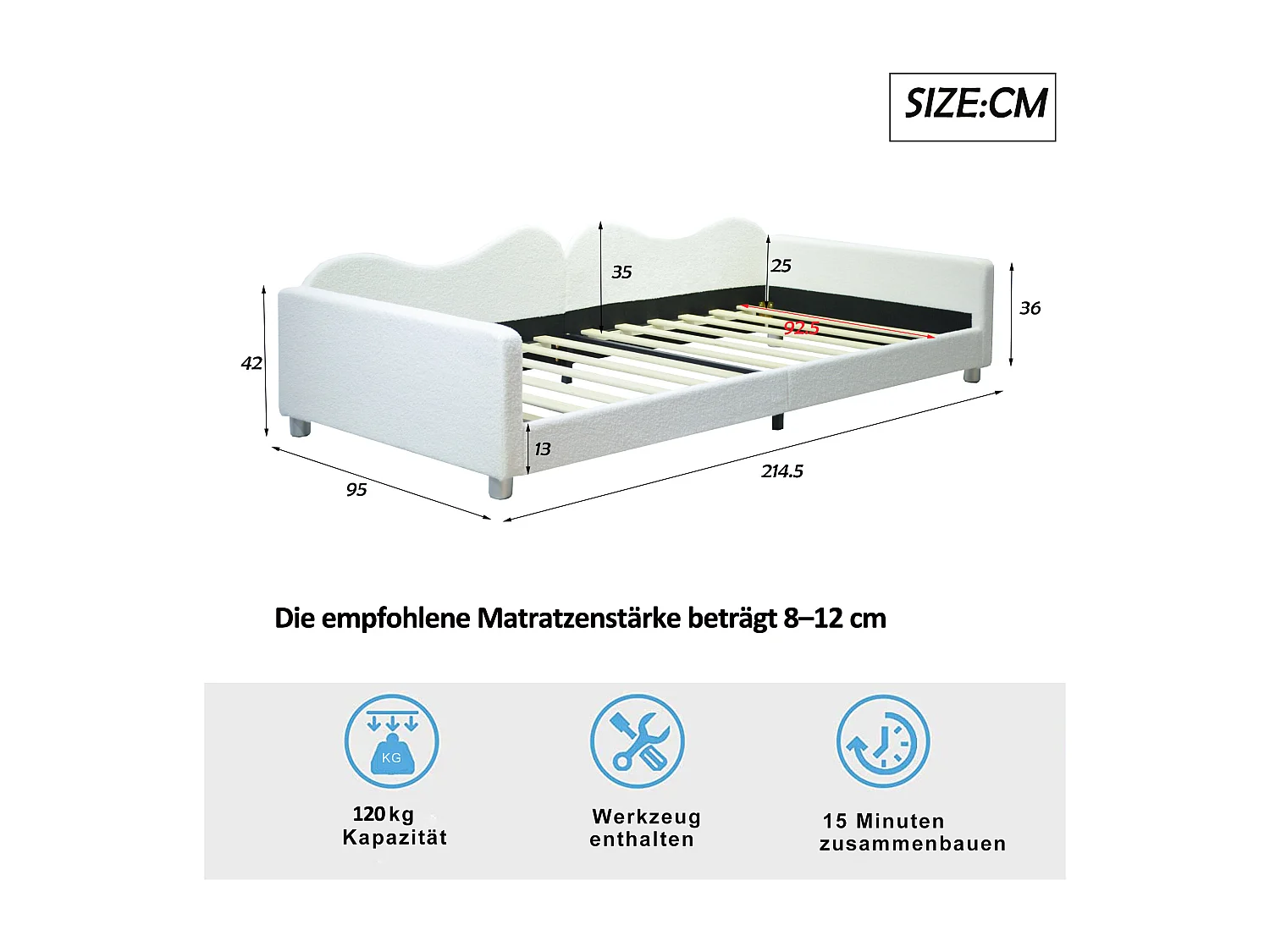 Cama acolchoada para adulto 180 x 579 cm, sem cabeceira, com faixa LED (monocromática), base com suspensão hidráulica, bege.