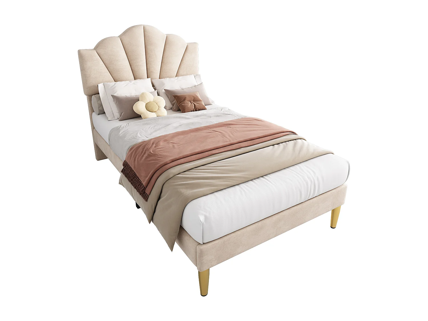 Letto imbottito in velluto 90*200 cm, letto a conchiglia con gambe in ferro color oro, beige