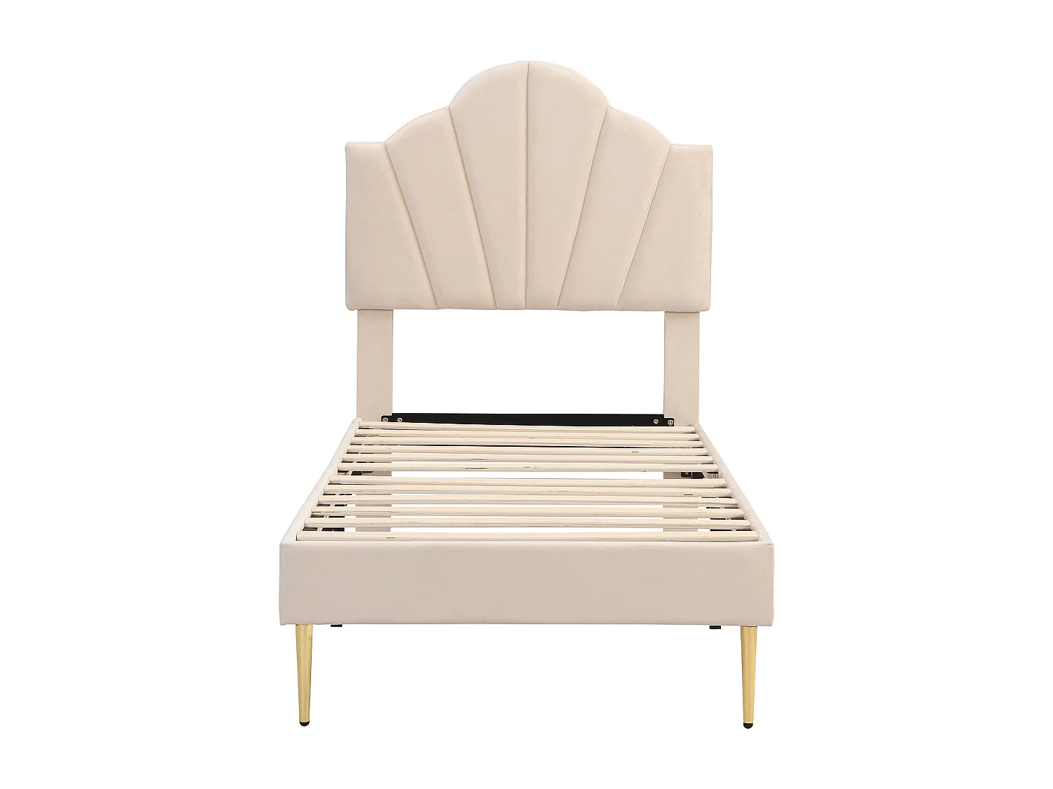 Letto imbottito in velluto 90*200 cm, letto a conchiglia con gambe in ferro color oro, beige