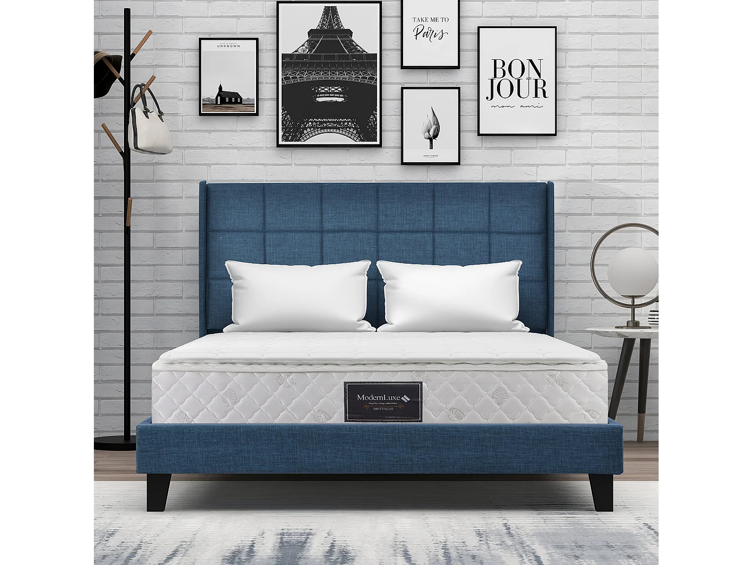 Lit double 140x200 cm avec matelas souple, tête de lit Confortable, revêtement en Tissu capitonné Bleu