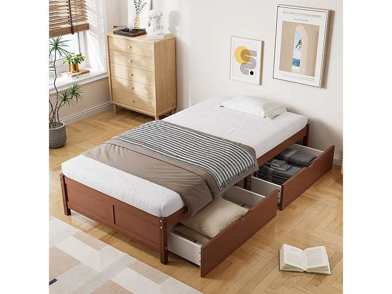 Lit d'enfant 90x200cm , couleur bois vintage, deux tiroirs sur roulettes, sommier à lattes robuste, pin brun rougeâtre