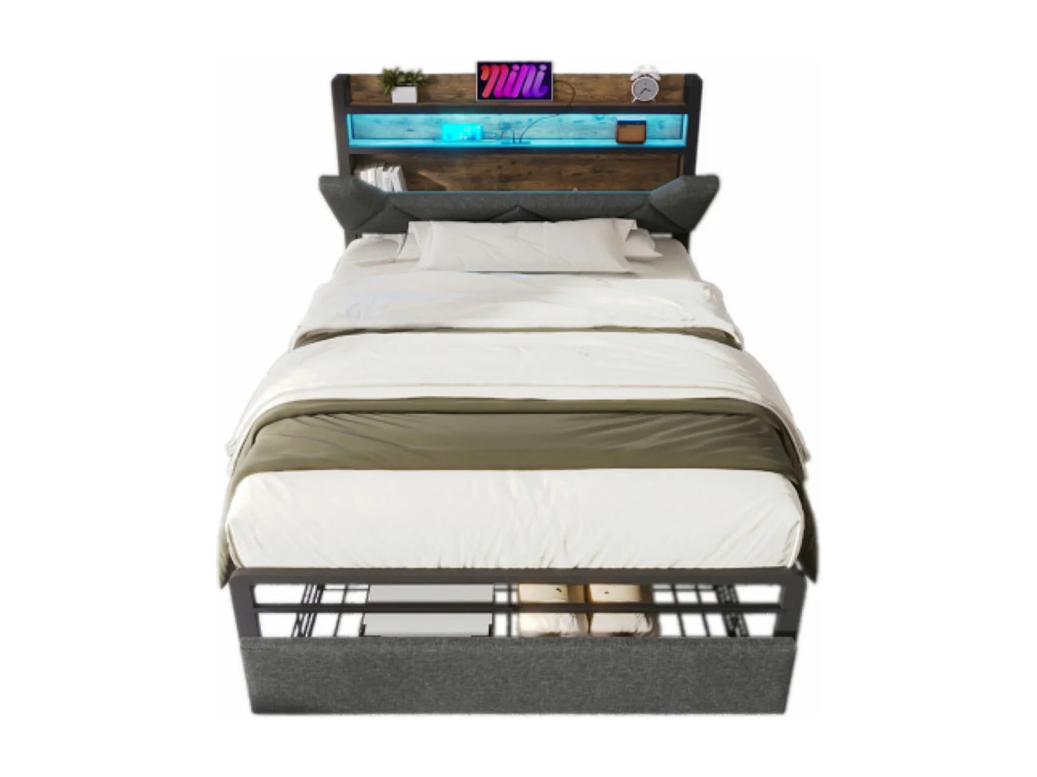 Avec fonction de recharge USB Type C et éclairage LED, cadre de lit de rangement 90 x 200, gris.