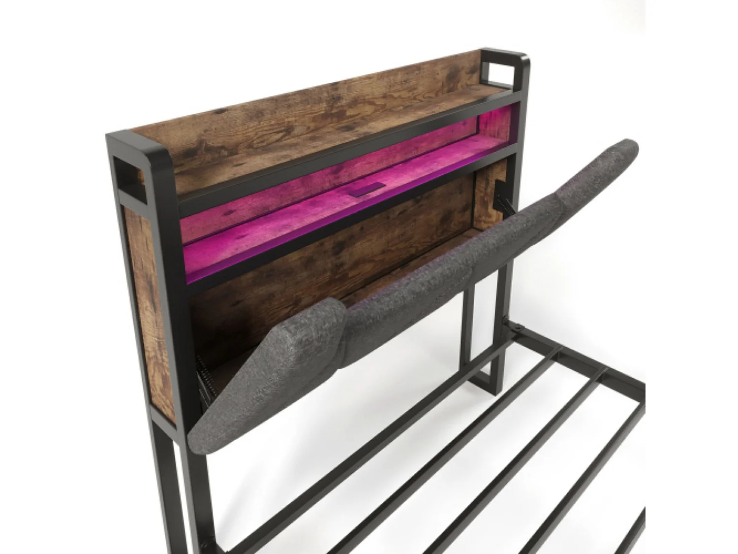 Avec fonction de recharge USB Type C et éclairage LED, cadre de lit de rangement 90 x 200, gris.