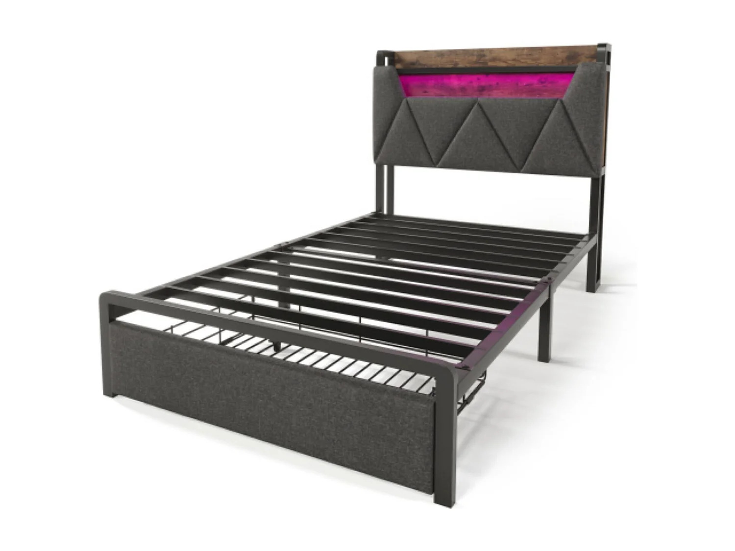 Con función de carga USB tipo C e iluminación LED, somier de almacenamiento 90 x 200, gris.