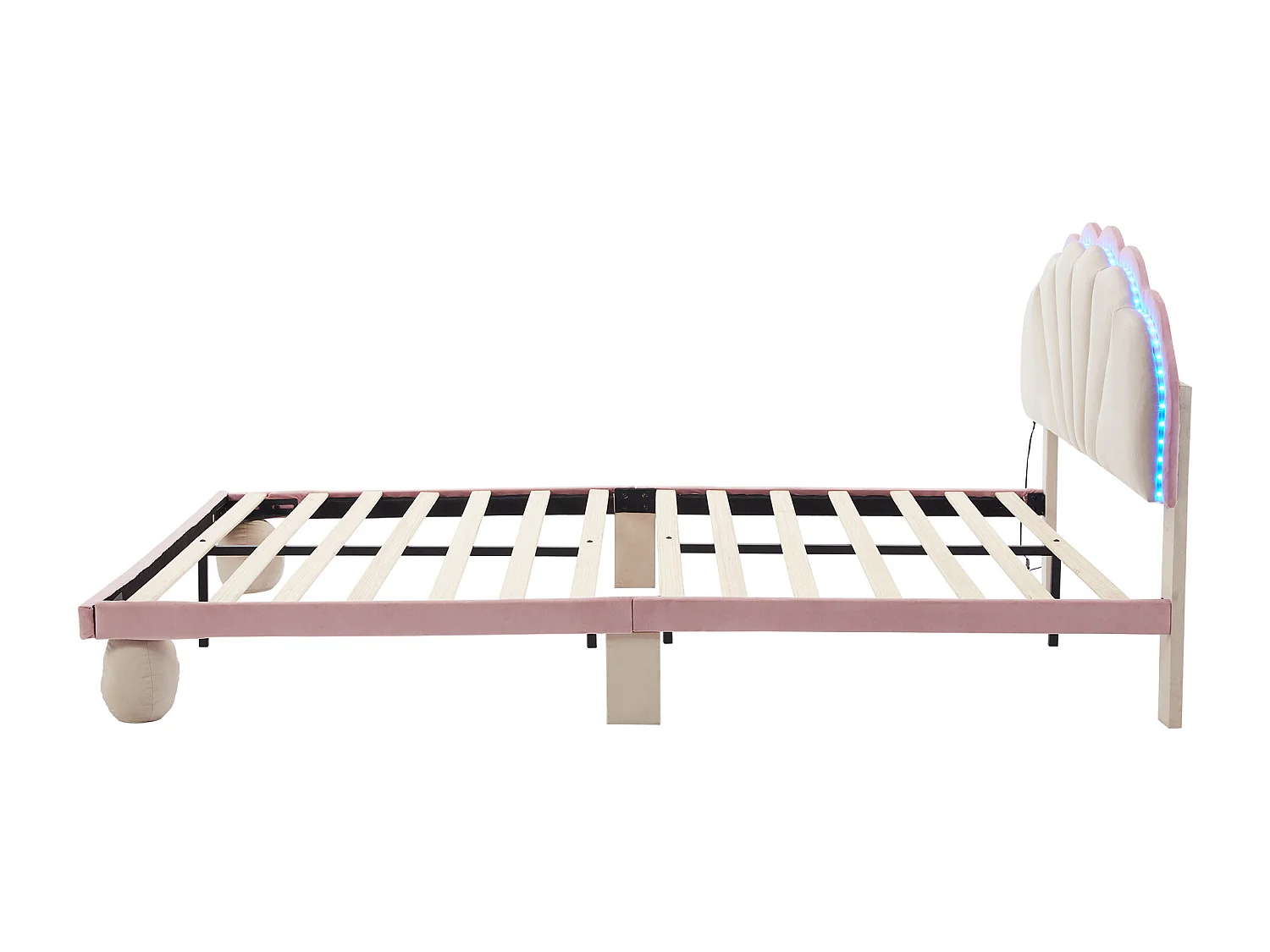 Cama acolchoada para adulto 180 x 499 cm, sem cabeceira, com faixa LED (monocromática), base com suspensão hidráulica, bege.