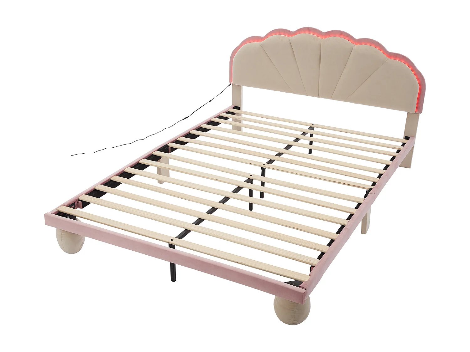 Lit double enfant à rayures multicolores alternées, tête de lit festonnée, beige + rose, 140x200 cm